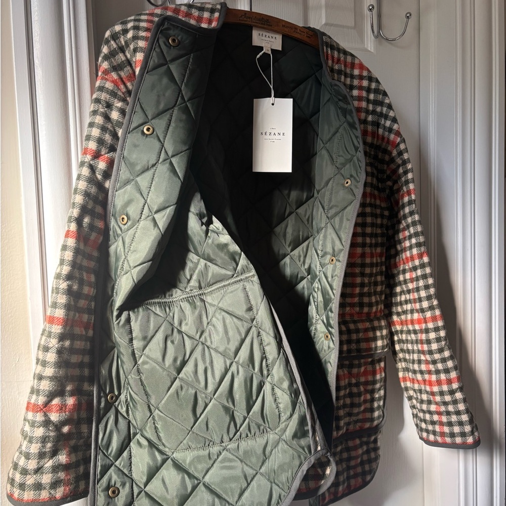 Sezane Plaid Quilted Jacket - Olive, Rust Orange, Cream - Picture 2 of 8